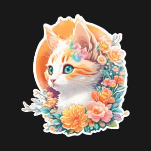 Cute Colorful Vivid Flowers Orange Cat T-Shirt