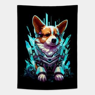 Cyber blue neon robot corgi Tapestry