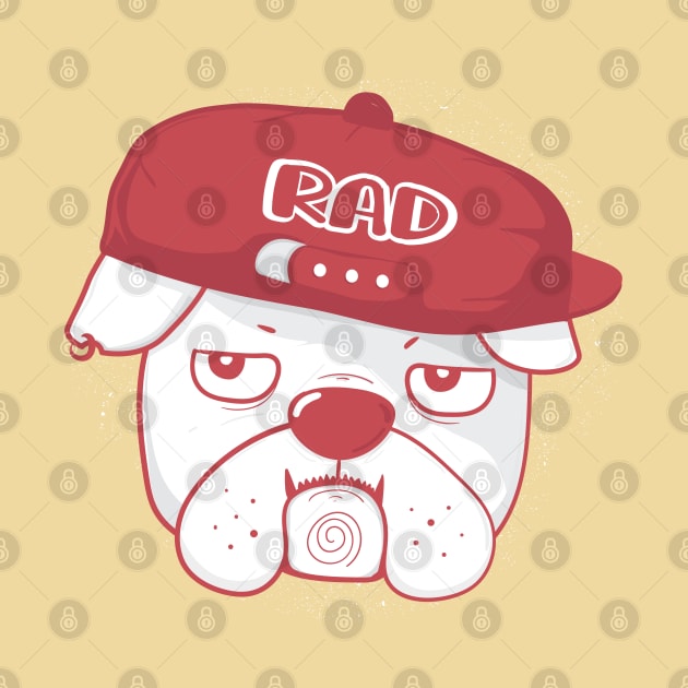 Grumpy face bulldog wears RAD baseball cap, cute doodle cartoon by Janatshie