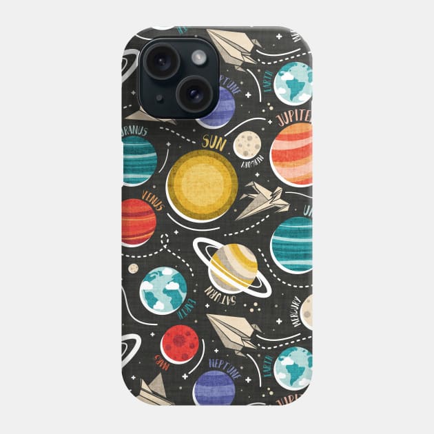 Paper space adventure II // pattern // black background multicoloured solar system paper cut planets origami paper spaceships and rockets Phone Case by SelmaCardoso