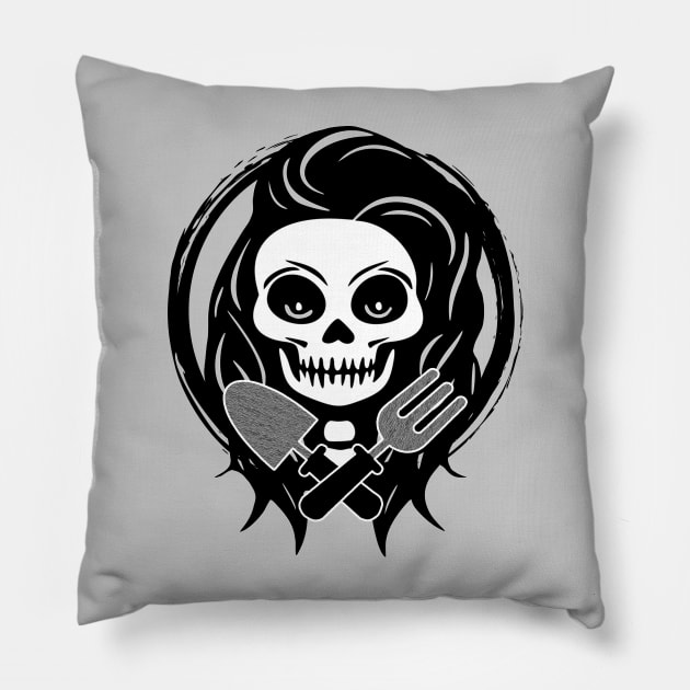 Female Gardener Skull and Garden Tools Black Logo Pillow by Nuletto