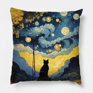 Starry Night Cat, Van Gogh Cat, Cat Lover, Cat Mom, Cat Dad Pillow