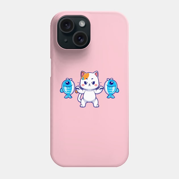 Cute Cat Lifting Fish Barbell Cartoon Phone Case by Catalyst Labs