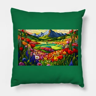 Stained Glass Colorful Mountain Meadow Pillow