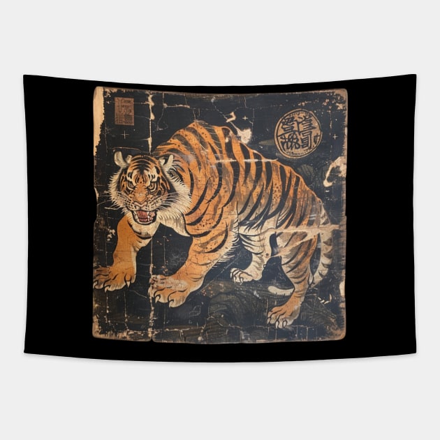 TIGER VINTAGE WOODBLOCK PRINT Tapestry by SHAKIR GAUTAMA 