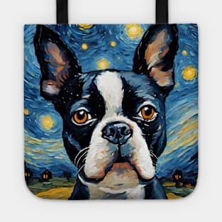 Cute Adorable Boston Terrier Dog Breed Painting in a Van Gogh Starry Night Art Style Tote
