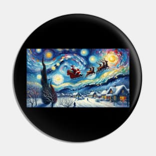 Santa & Reindeer Under Starry Skies - Van Gogh-Inspired Art Prints Pin