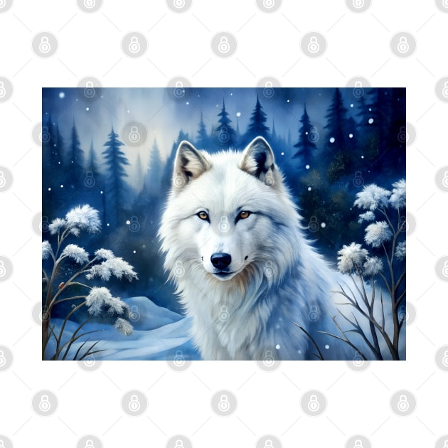 Funny White Wolf Hunting Ground, Winter Mountain Icy Moon, Forest, Galaxy Beautiful gifts Novelty Wild Animal Hunting Fashion Watercolor by sofiartmedia