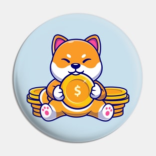 Cute Shiba Inu Dog With Gold Coin Cartoon Pin