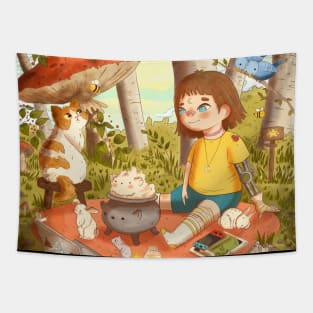 Little girl at forest with forest animals and cat Tapestry