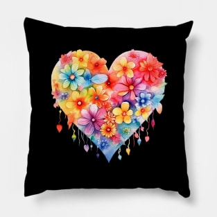 Rainbow Heart with Flowers Pillow