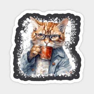 Grumpy Hangover Cat in Glasses Coffee Cup Magnet