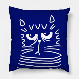 Cute blue and white cat head with grumpy face on blue background Pillow