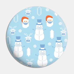 Santa Claus, snowman, and deer wearing a protective face mask Pin
