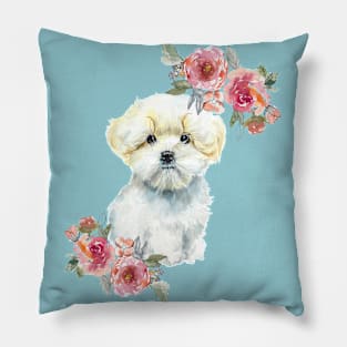 Cute Maltese Puppy Watercolor Art Pillow