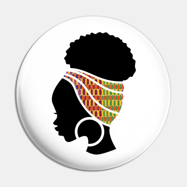 Afro Hair Woman with African Pattern Headwrap Pin by dukito