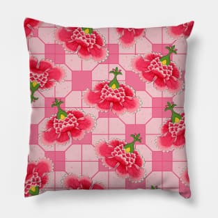 Chinese Vintage Pink and Red Flowers with Blush Pink Tile - Hong Kong Traditional Floral Pattern Pillow