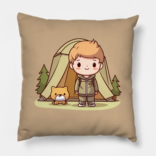 Kawaii camping boy with his dog Pillow