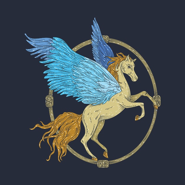 Pegasus with blue wings in a wooden frame by PinataFoundry