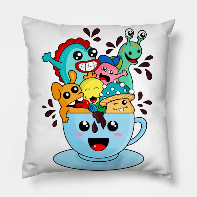 doodle cup funny monsters Pillow by Zephin's