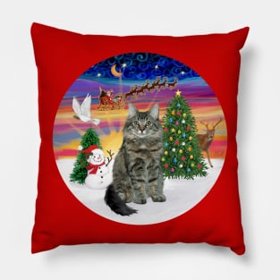 Santa Takes Off into a Glorious Sunset - featuring a Main Coon Cat Pillow