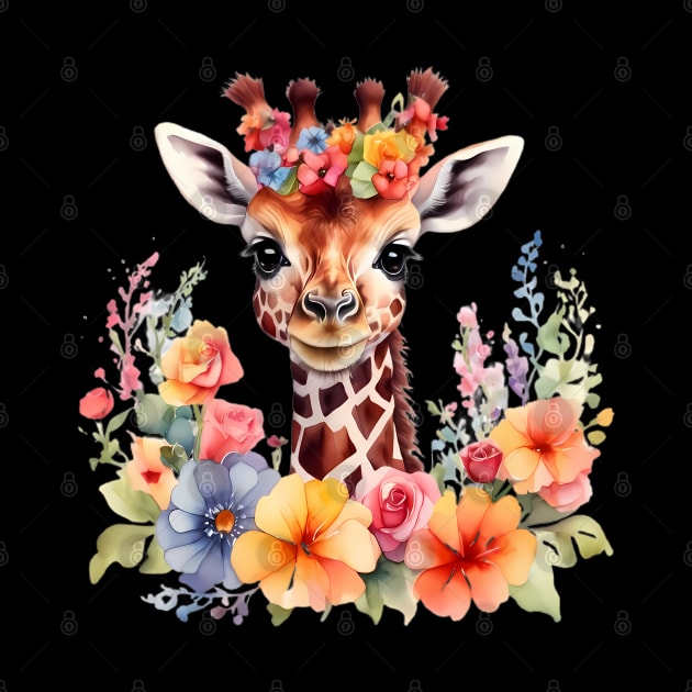 A baby giraffe decorated with beautiful watercolor flowers by CreativeSparkzz