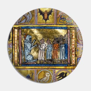 MEDIEVAL BESTIARY,LION KING WITH ANIMALS IN GOLD RED BLUE COLORS Pin