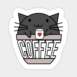 Happy cat in coffee cup holding a cup with warped text black Magnet