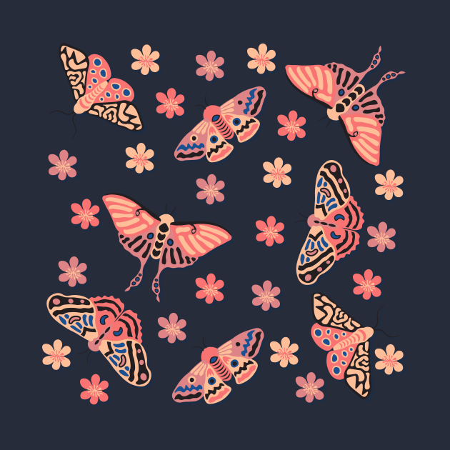 Colorful Pink, Peachy Moths & Flowers by Ieva Li ART