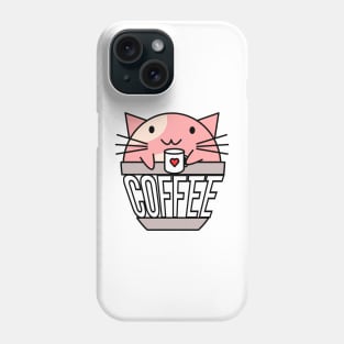 Cat in coffee cup with warped text holding coffee cup with heart pink and white Phone Case