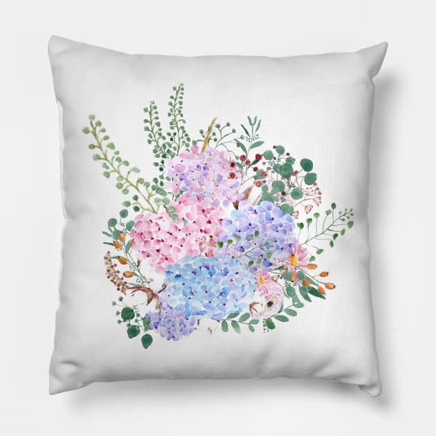 pink blue purple hydrangea flowers watercolor arrangement Pillow by colorandcolor