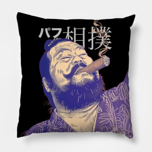 Puff Sumo in Japanese 2: Smoking a Fat Robusto Cigar on a dark (Knocked Out) background Pillow