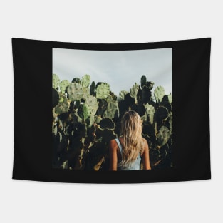 Young Blond Girl Standing in Front on Cacti Tapestry