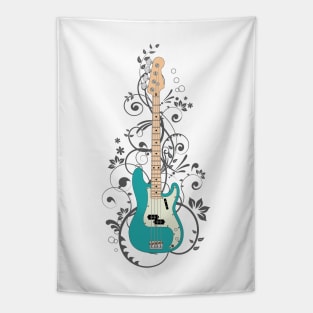 Teal P-Style Bass Guitar Flowering Vines Tapestry