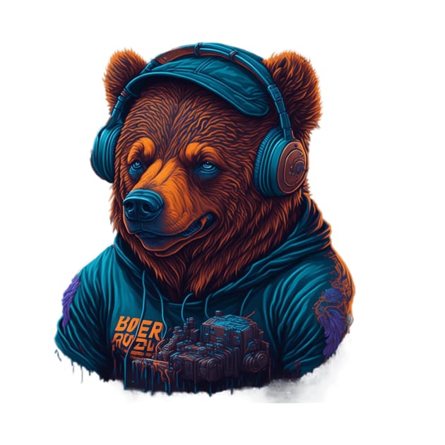 Digital AI Art Bear Animal Wearing Headphones by AubreyButtaApparel