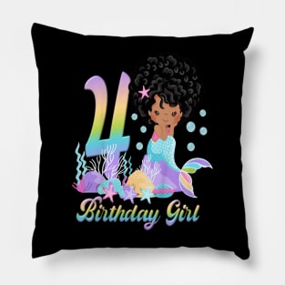 Kids Four 4Th Birthday 4 Year Old Girl African American Mermaid Pillow