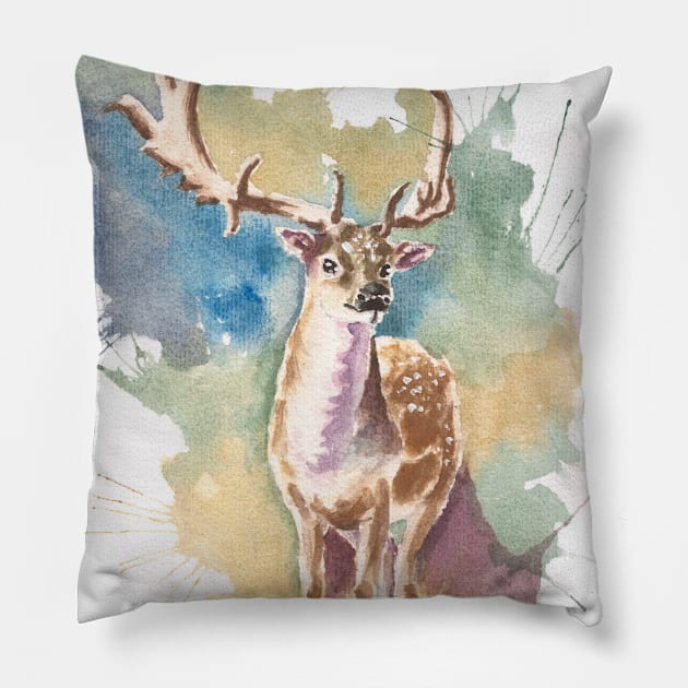 Deer Watercolor with great background multicolor Pillow by Jack_Artbook