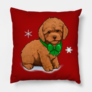 Apricot Poodle Puppy in Green Bow at Christmas Pillow