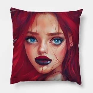 Red-Haired Girl with Messy Beautiful Hair Artwork Pillow