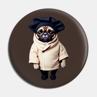 Cute Baby Pug in Winter Coat - Adorable Pug Puppy in Cozy Winter Clothing Pin