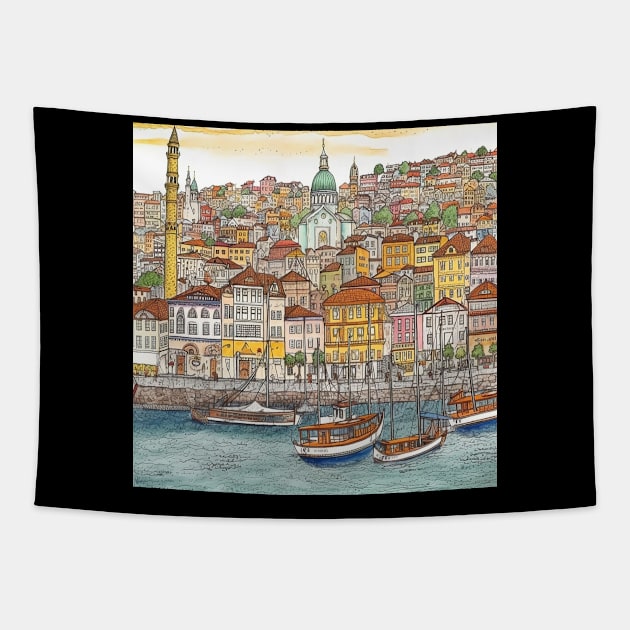 Istanbul city drawing Tapestry by ComicsFactory