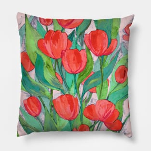 Blooming Red Tulips in Gouache Pillow