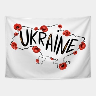 Map of Ukraine with red poppies and  text in English Ukraine. Tapestry