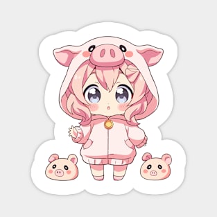 Cute manga girl with little piglets Magnet