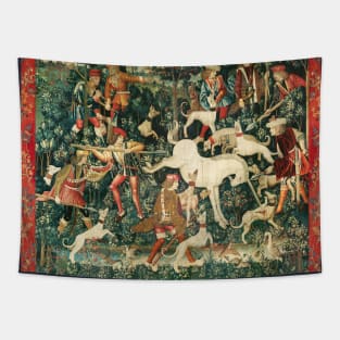 UNICORN DEFENDS ITSELF / Dogs and Other Animals,Green Floral Tapestry