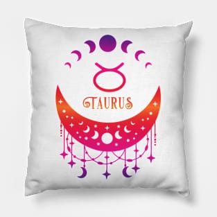 Rainbow Ombre Moon Phases and Taurus Zodiac Symbol Pillow