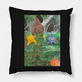 Eden revisited - acrylic painting representing eve in the garden of Eden Pillow