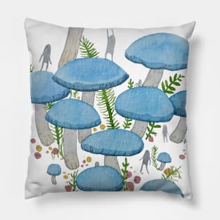 Blue Mushroom Watercolour Illustration Pillow