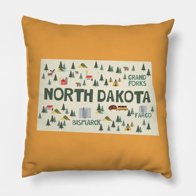 North Dakota Illustrated Map Pillow by JunkyDotCom