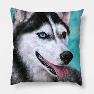 Beautiful Siberian Husky Painting with Turquoise background Pillow